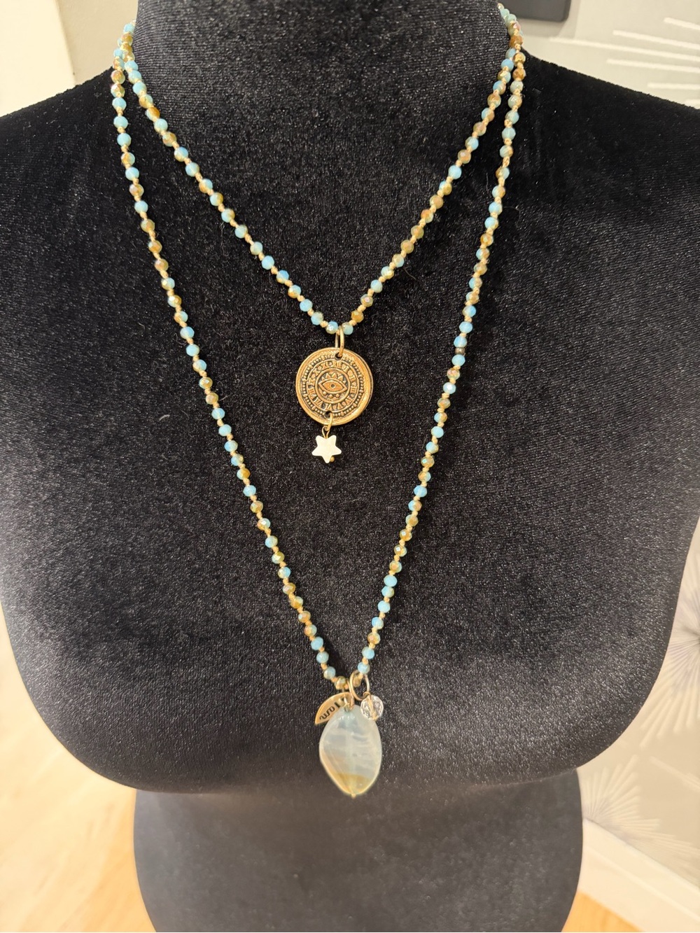 Katia Designs Layered Gold and Turquoise Bead Pendant Necklace -